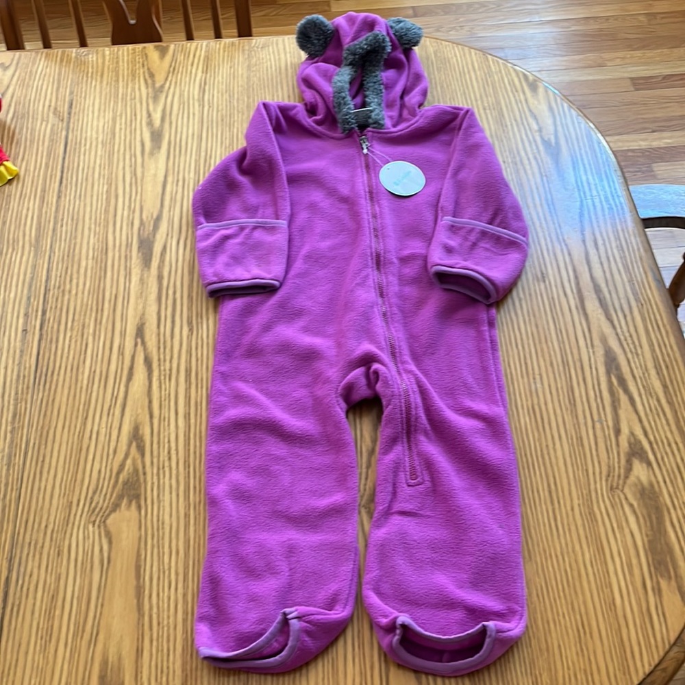 NWT Funzie Baby Teddy Bear style onesie, pink and gray, covers feet if needed!